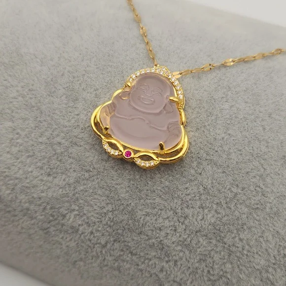 Pink Buddha Pendant Necklace 18k Gold Plated Stainless Steel Lip Chain - Picture 2 of 9